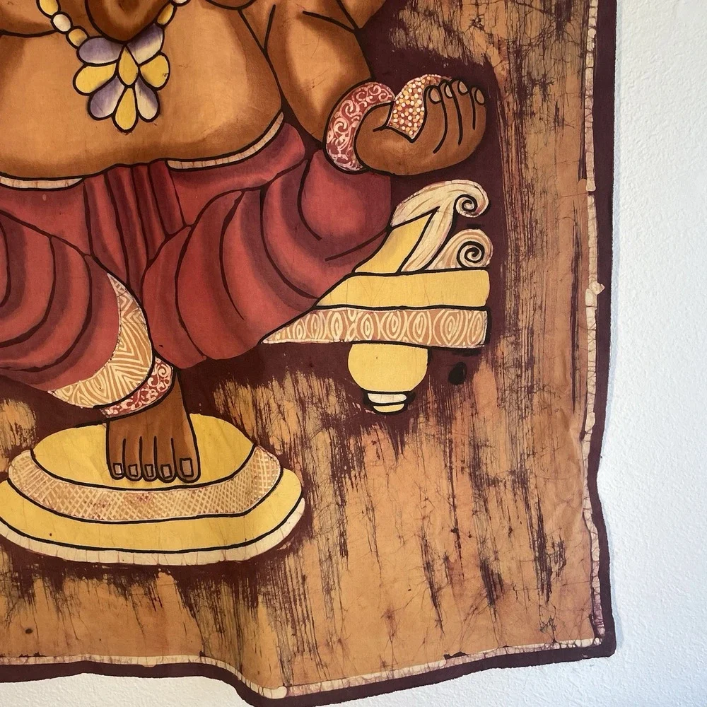 Vintage Lord Ganesha Batik Tapestry 50x35 Cotton Wall Hanging Hindu India Art
